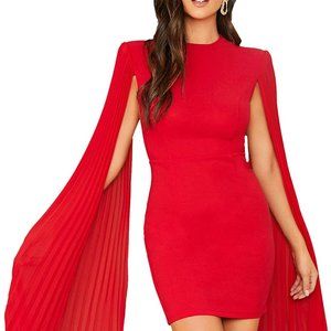 Shein Women's Cloak Long Sleeve Mini Cape Dress Mesh Pleated Split Short Bodycon